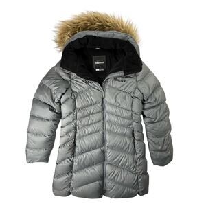 MARMOT Sz M 700 Fill Down Puffer Parka Coat Jacket Soft Lining Fur Hood Gray